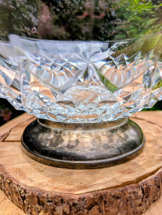 Vintage Val Saint Lambert Signed Cut Crystal Centerpiece Bowl with Italian Silver-Plated Pedestal Base – Art Deco Belgium 1925–1935