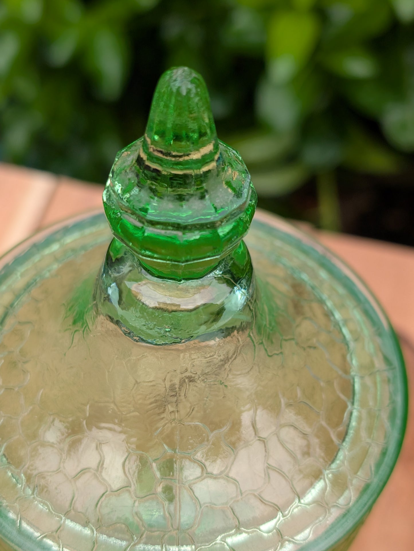 Two beautiful vintage emerald green covered pedestal candy dishes are offered in one convenient listing. Choose between a textured crackle glass design or an elegant Art Deco geometric pattern—each sold individually and carefully curated for collectors and vintage home décor enthusiasts.