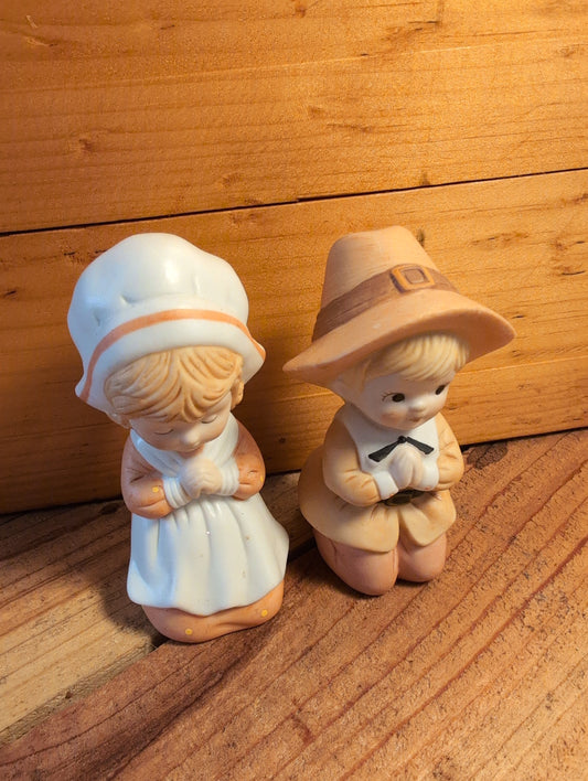Fall Thanksgiving ceramic Lefton figurines Pilgrim praying girl and boy