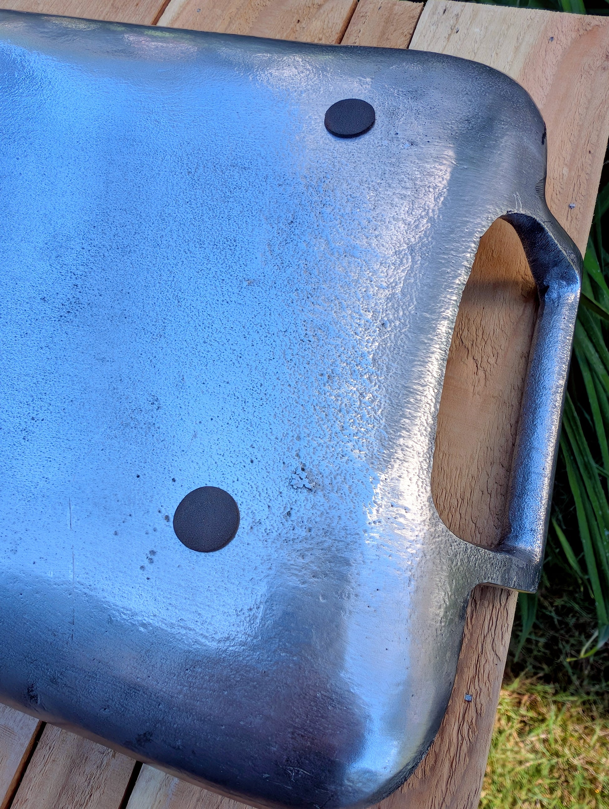 Bring timeless elegance to your garden or home with this vintage cast aluminum serving tray featuring a beautiful satin pewter finish and integrated handles. Originally designed for entertaining, it has been thoughtfully curated by Cedar & Song Studio as a versatile bird feeding tray, centerpiece, or decorative serving piece.