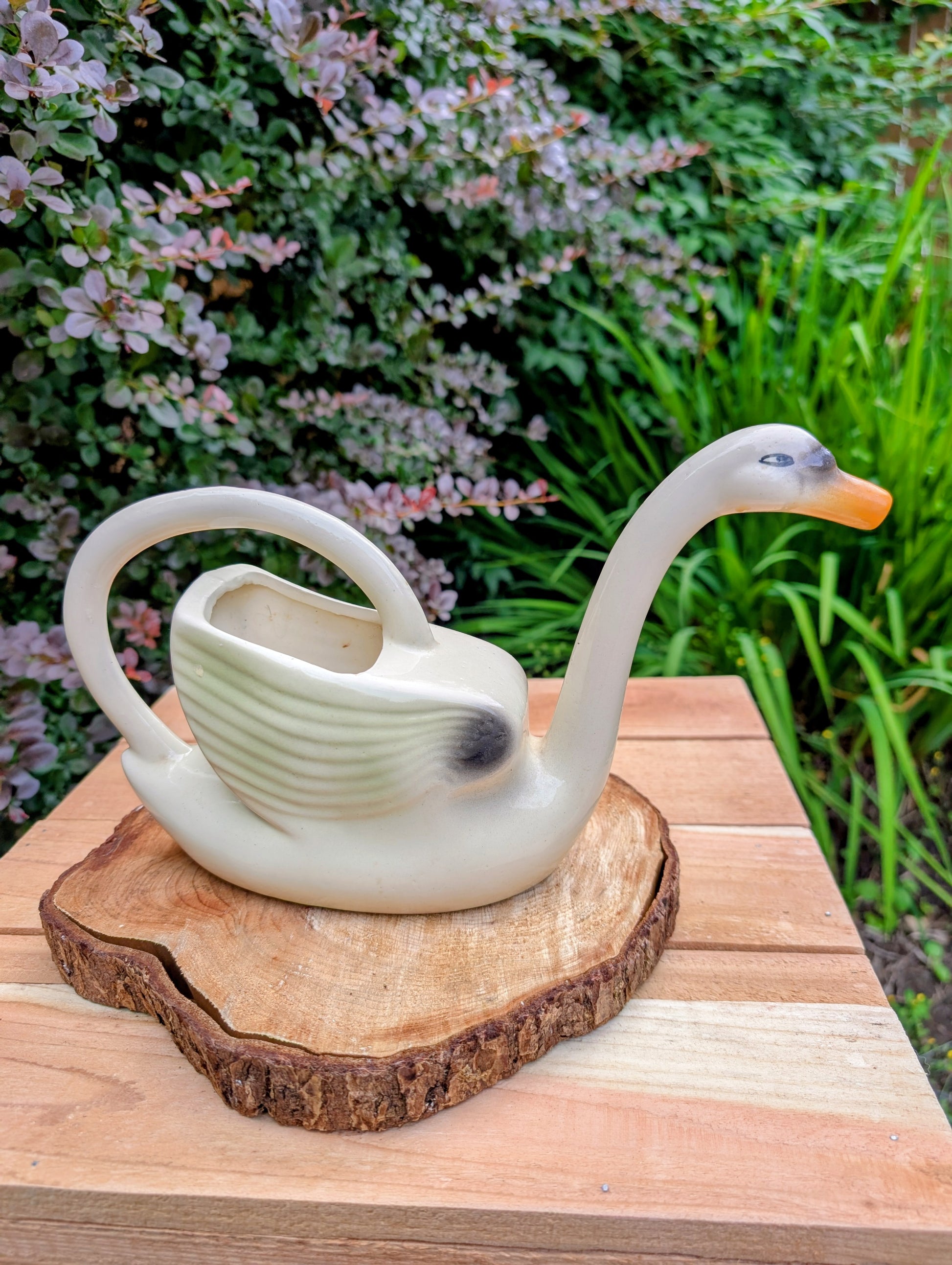 A charming 1950s Nouvelle Pottery swan watering pitcher that blends sculptural beauty with everyday function. Finished in a soft ivory glaze with hand-painted details, this Mid-Century ceramic piece is equally at home caring for houseplants or displayed as timeless vintage décor.