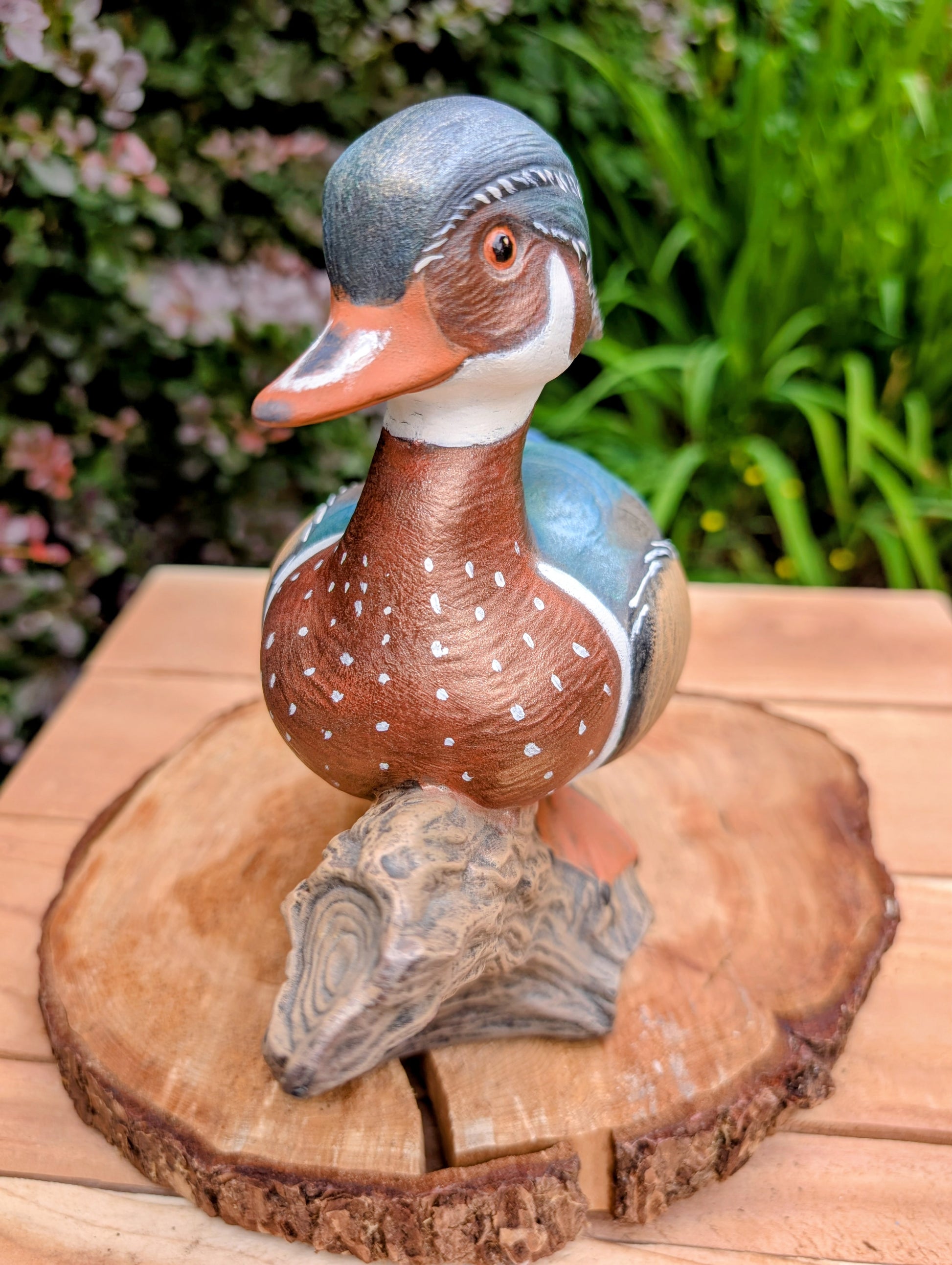 Celebrate the beauty of North American wetlands with this hand-painted ceramic Wood Duck sculpture, dated 1969 and mounted on a sculpted faux driftwood log. Richly detailed and full of rustic charm, it makes a wonderful addition to lodge, cabin, or nature-inspired décor.